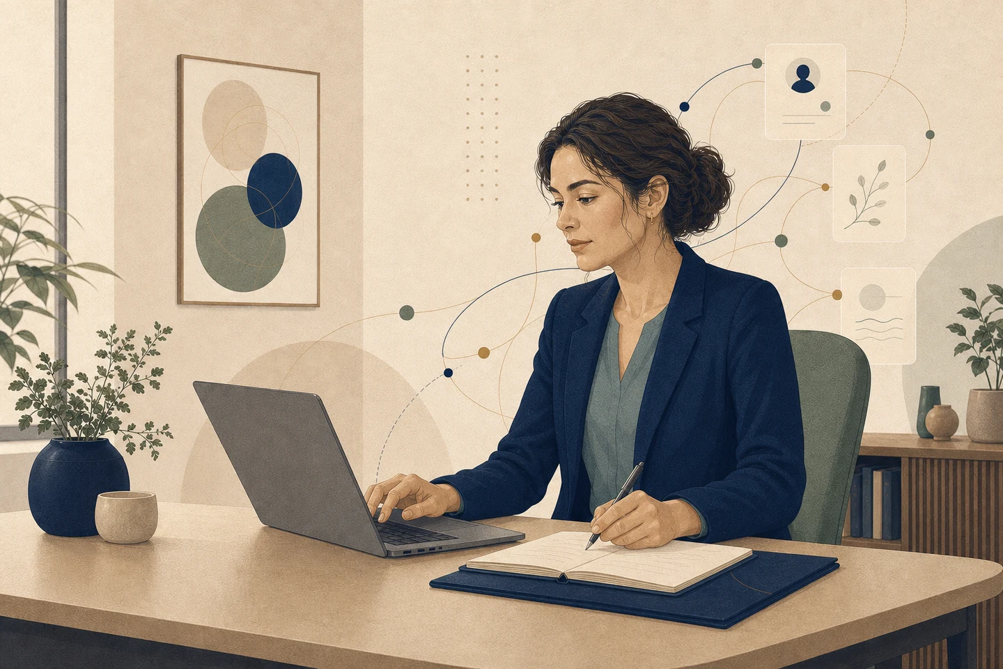 Psicóloga trabajando en su consultorio con una notebook y un cuaderno clínico