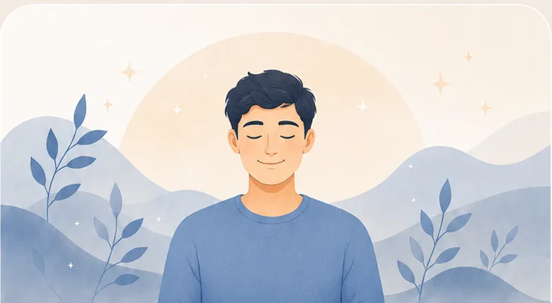 Ilustración de un joven en calma, rodeado de un paisaje sereno en acuarela